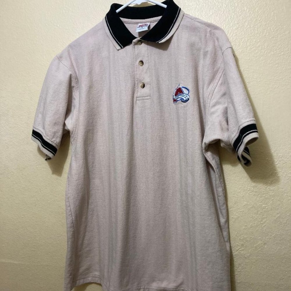 True Fan Men's Beige Striped Avalanche Embroidered Logo Polo Shirt Size Medium